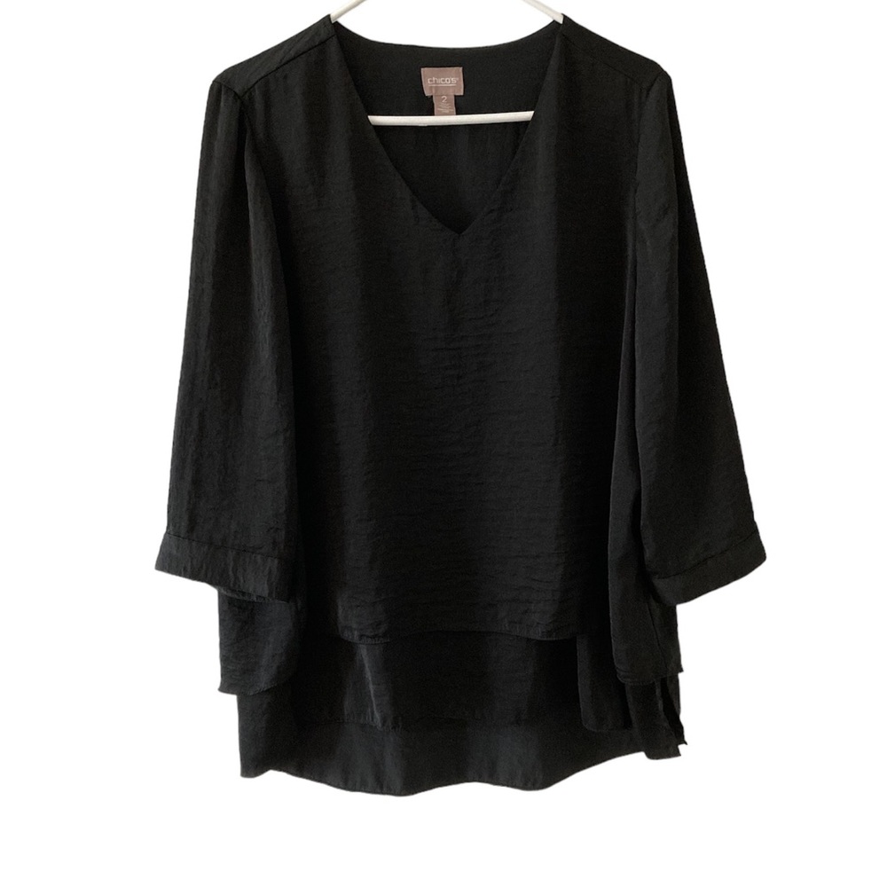 Chico’s Layered Blouse Top Women’s Size 2 Black 3/4 Sleeve Silky Split Back